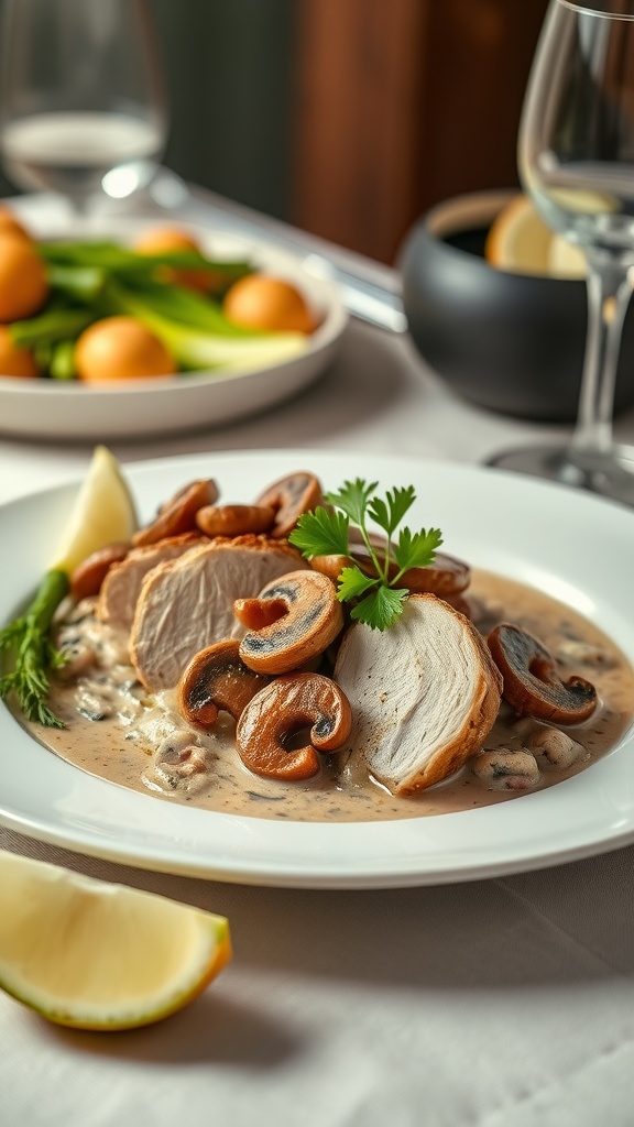 A plate of turkey Madeira with creamy mushroom sauce and vegetables, garnished with parsley.